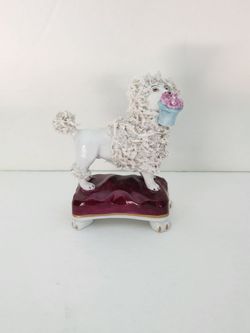 Vintage dog on Pillows English Pottery Dog Staffordshire Dog Ceramic Poodle Spaghetti Fur White Dog  petite dog