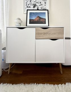 Modern White Storage Cabinet / Sideboard with Wood Accent Drawer