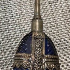 Old antique Moroccan Blue Perfume Bottle With Metal Overlay. A Collectible Treasure