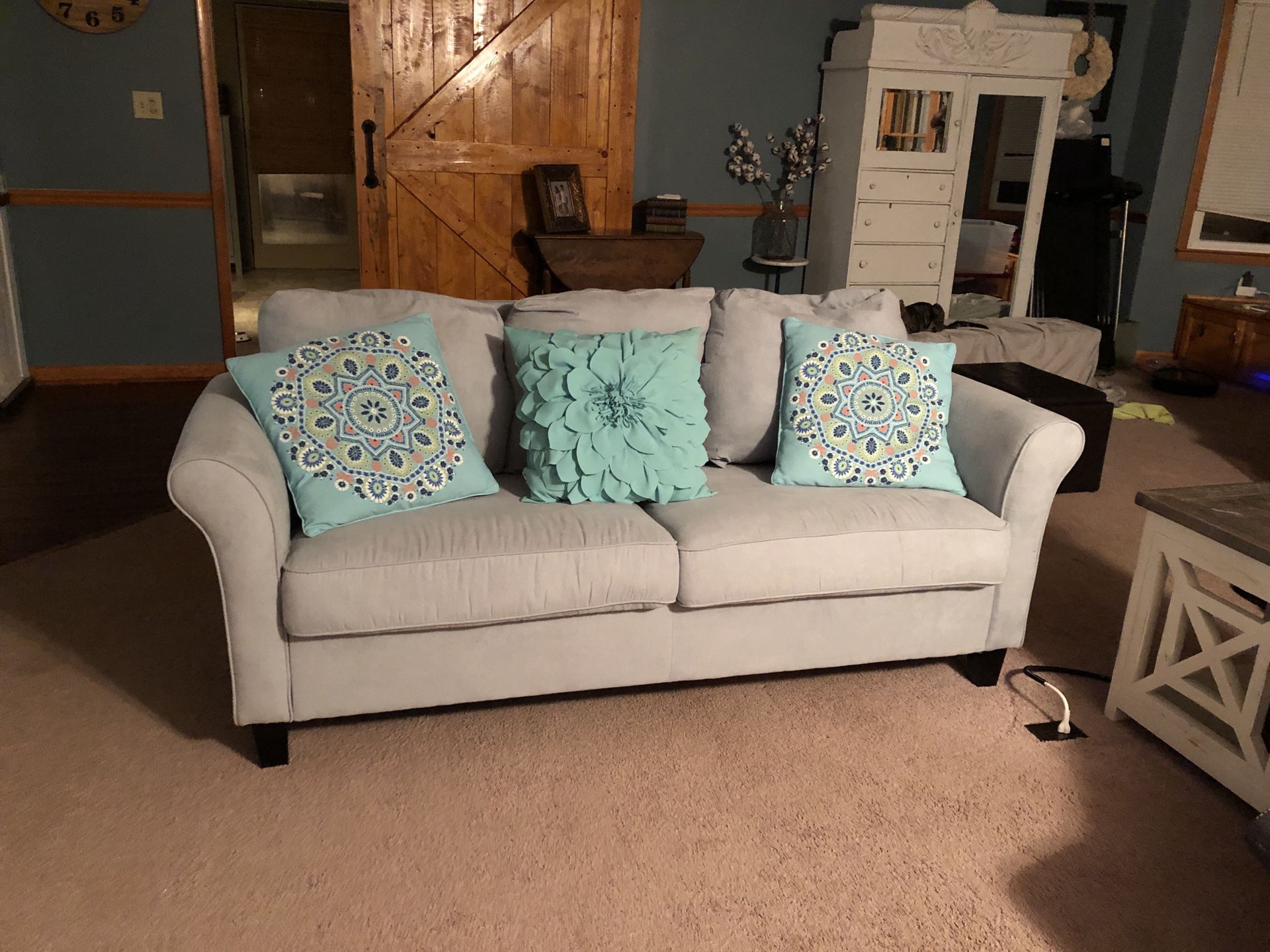 Light Blue/ Grey Couch With Slip Cover
