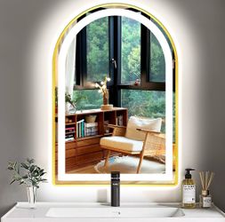 20 x 30 Inch Gold Framed Arch LED Mirror for Bathroom Salon Wall Table Arch Makeup Vanity Mirror with Lights Gold Frame Smart Memory 3 Color
