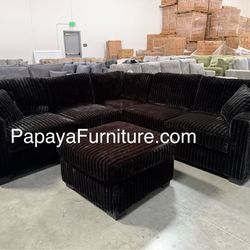 New! Black Couch, Plush Sectional, Black Sectional And Ottoman, Corduroy Sectional, Black Corduroy Couch, Sofa, Sectionals, Fluffy Sofa And Ottoman,