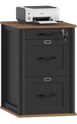 3 Drawer File Cabinet with Lock, Wooden Farmhouse Filing Cabinet with Storage Fits Letter and A4 Size, Vertical Printer Stand for Home Office, Rustic 