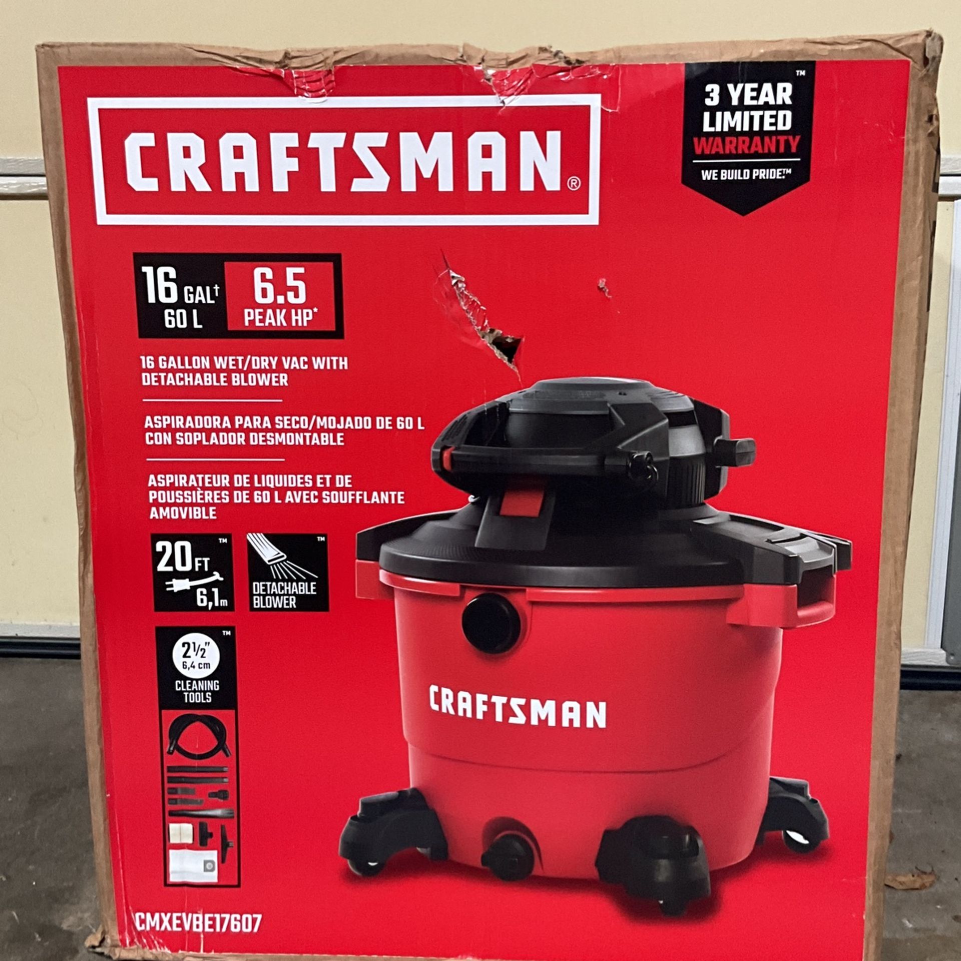 CRAFTSMAN CMXEVBE17607 16 Gallon 6.5 Peak HP Wet/Dry Vac with Detachable Leaf Blower, Heavy-Duty Shop Vacuum with Attachments