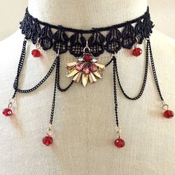 Black Lace Choker Necklace with Chain Drapes & Red Crystal Drops
