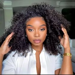 Glueless Human hair Wigs Kinky Curly Headband Wig Upgrade 3 IN 1 Half Wig With Drawstring Seamless Clip Ins Flip Over For Women