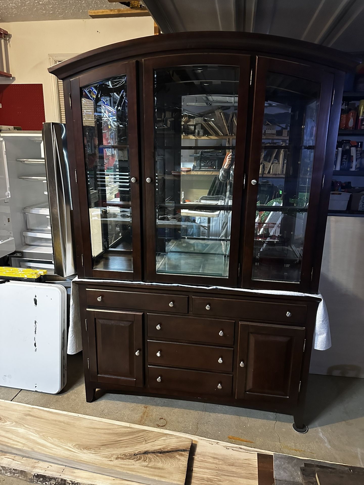 Large Hutch Glass Cabinet With Lights Glass Shelves & Multiple Drawers