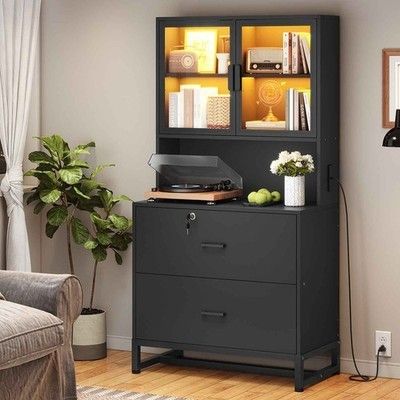 2 Drawer Office File Cabinet with Bookshelf, Printer Stand with Storage Shelf