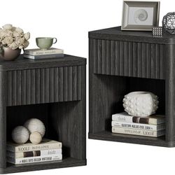 Set of 2 Nightstands with Drawer Storage Fluted Bed Side Table End Table Large Modern Wide Bedside Mid Century Night Stands for Bedroom Living Room So