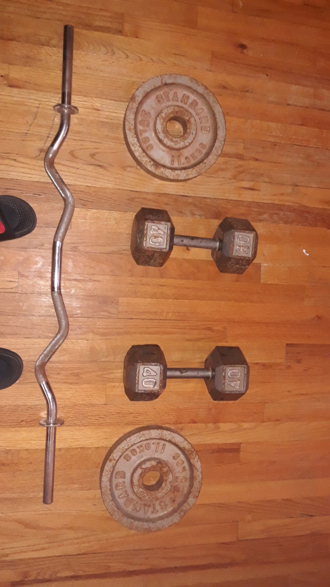 Two 40 pound dumbbells and two 25 pound weights with curlbar