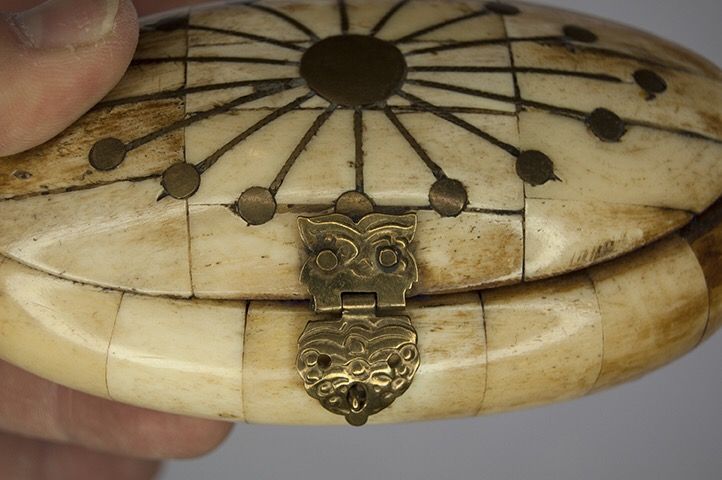 Antique Middle East Camel Bone & Brass Jewelry Case 5”x2.5