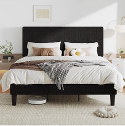 Black Ribbed Upholstered Platform Bed Frame