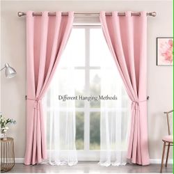 New Pink Blackout Curtains with Lace Hems Sheer Overlay, 2 Panels, Thermal Insulated & Soundproof, Room Darkening, Living Room, Bedroom - Modern Elega