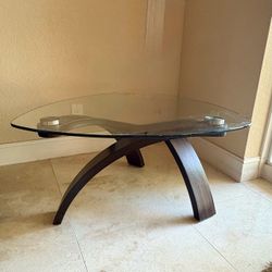 Contemporary Glass End Table – Sculptural Curved Wood Base