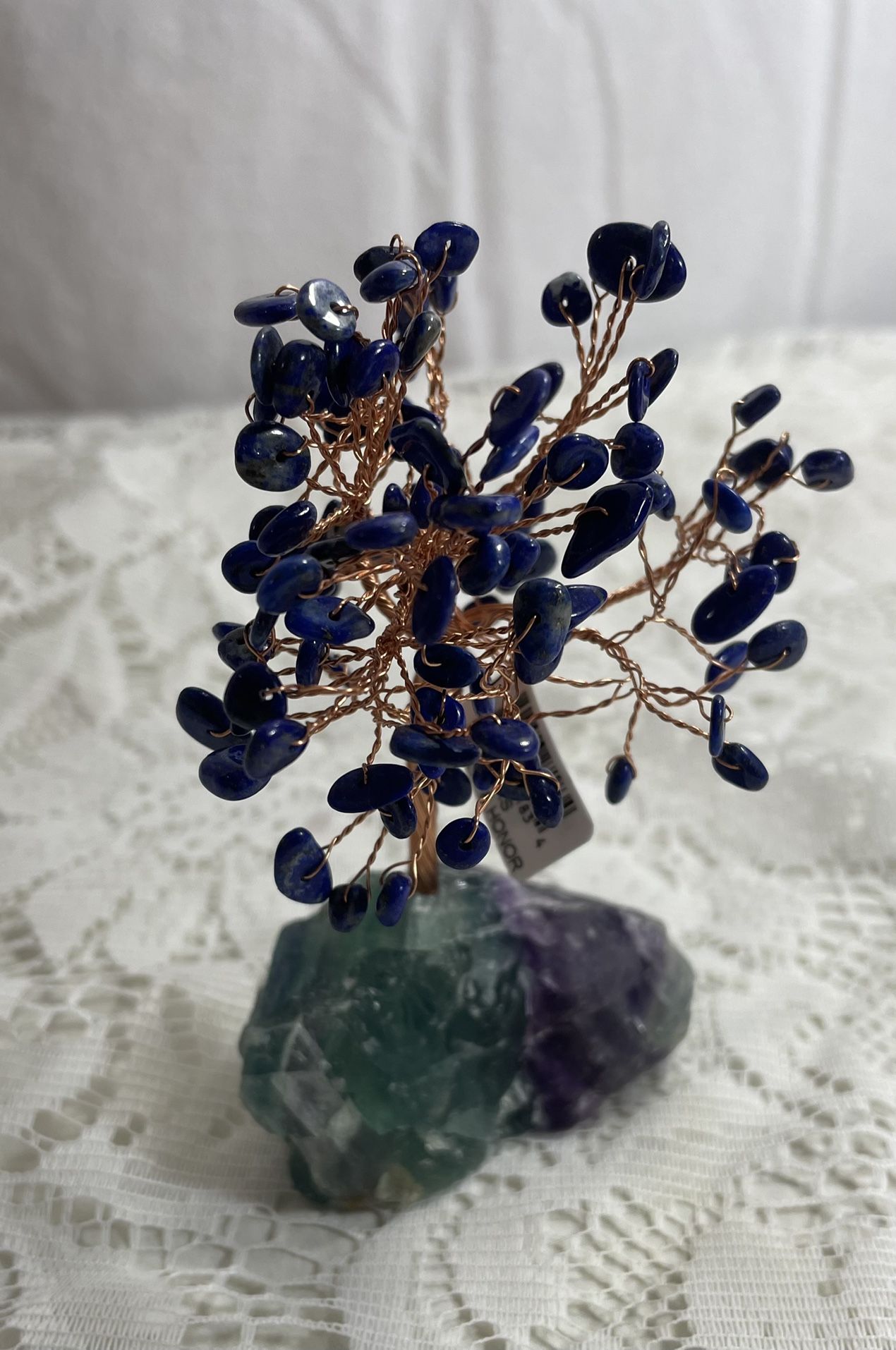 New, Price Firm, Lapis Natural Gemstone Tree of Life with Fluorite Base