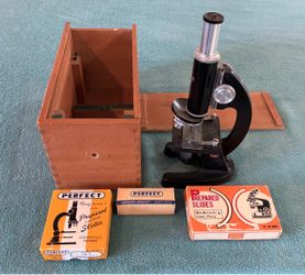 Vintage Edmund 300X Microscope w/ Original Wooden Box plus 2 Boxes of Prepared Slides