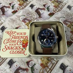 NEW AUTHENTIC FOSSIL BENNETT SILVER BLUE BROWN LEATHER CHRONO BQM7090 MENS WATCH