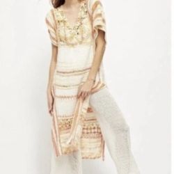 FREE PEOPLE Sunflare Combo CROCHET KAFTAN Midi SWEATER Cover Up DRESS XS