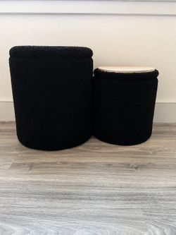 Round Ottoman w/ Storage Set of 2 - Upholstered Sherpa Vanity Stool for Makeup Multifunctional Ottomans Coffee Table Padded Seat Foot Rest for Livin