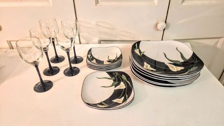 Lot of Sango Quadrille plates and wine glasses