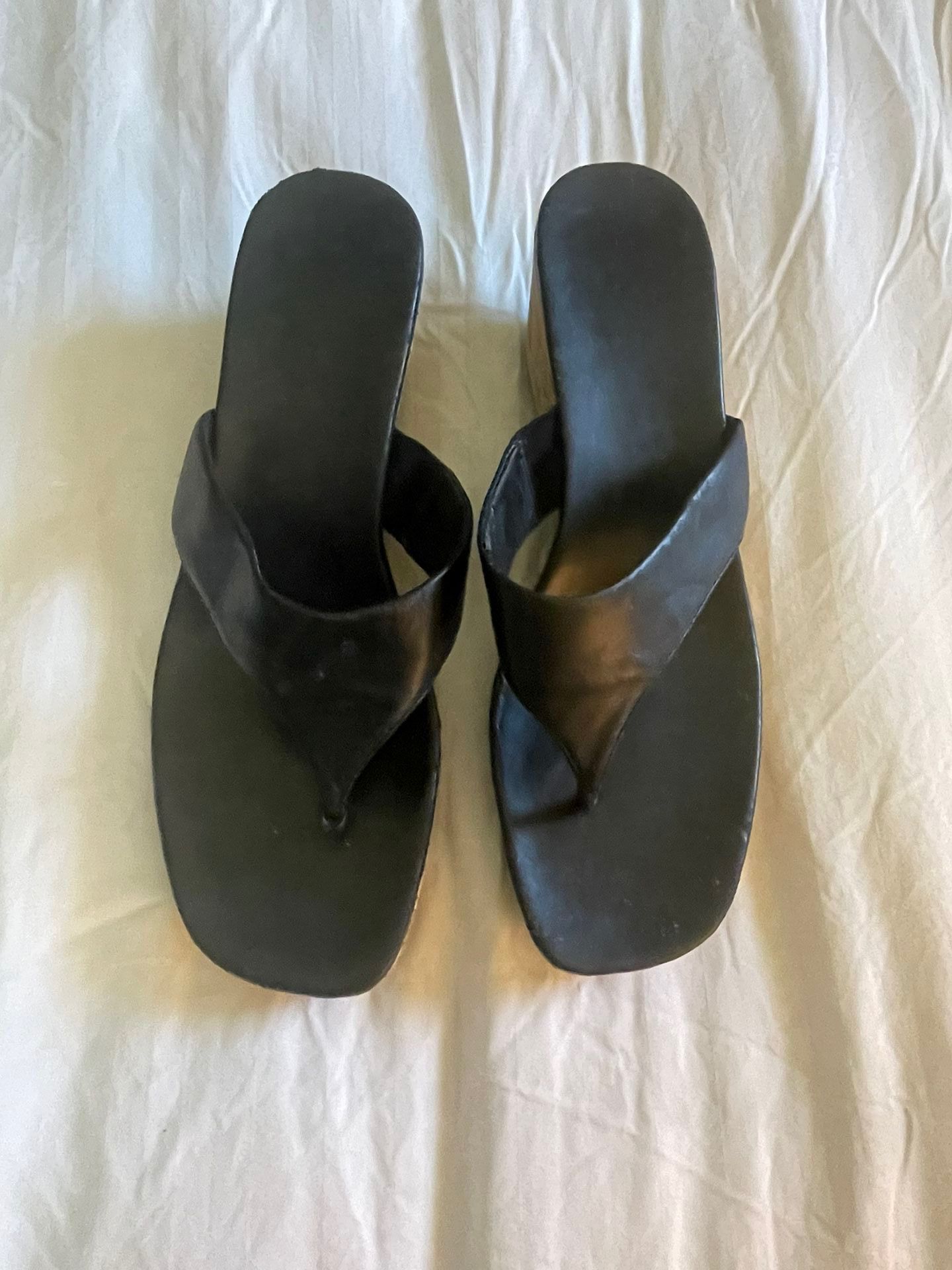 Women’s Size 9 Black & Cork Thong Flip Flop 3 Inch Heel Leather Sandals Summer Shoes