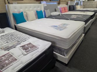 BRAND NEW WHITE FAUX LEATHER + FULL MATTRESS + BOX SPRING