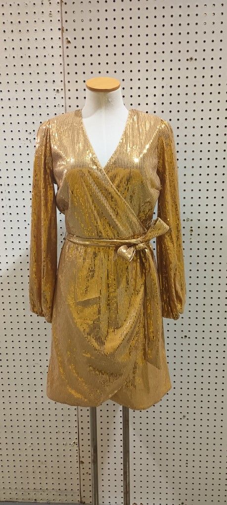 Inc International Concepts Women's Long-Sleeve Gold Sequin Wrap Dress, Size S