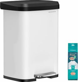 Durable 13-gallon (50L) step trash can is made of white metal with a black plastic lid and trim. It