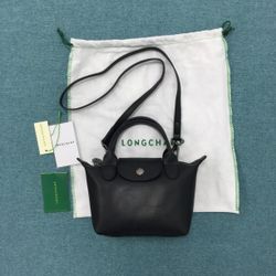 Longchamp Mini Le Pliage Cuir Leather Top Handle Bag Black
