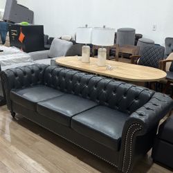 Chesterfield Sofa Leather, Modern PU Tufted Couch 3 Seater with Rolled Arms and Nailhead for Living Room, Bedroom, Office, Apartment (Black)