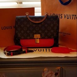 Authentic 💐 Louis Vuitton Marignan Monogram Canvas W/ Red Leather and Strap 