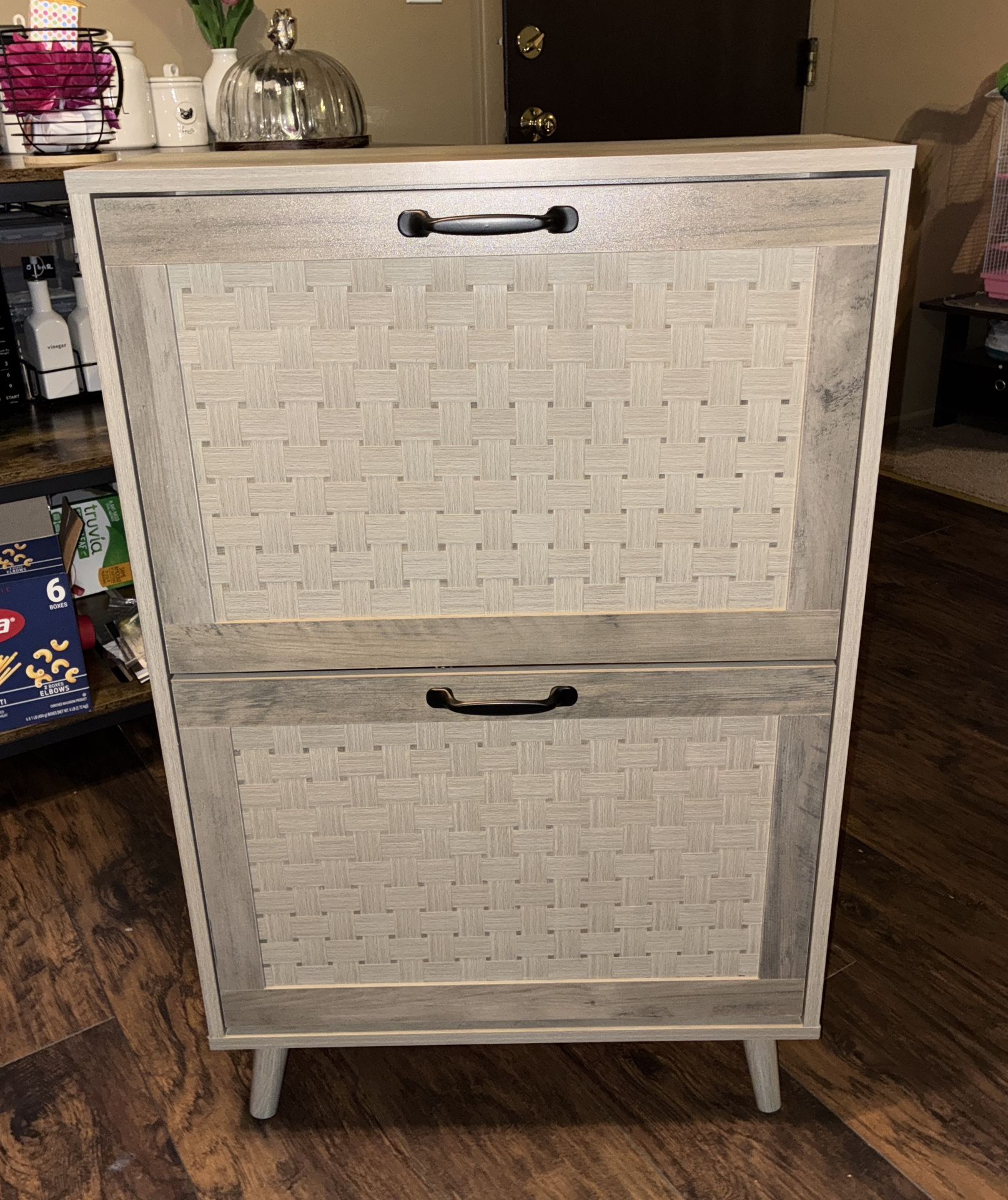 NEW Shoe Storage Cabinet with Handmade Rattan Drawers, Freestanding Shoe Organizer Cabinet with Solid Wood Legs