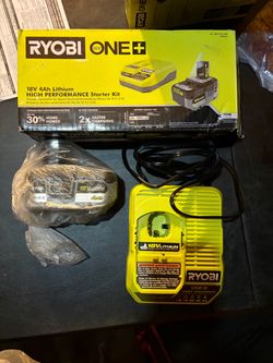 High-performance Ryobi ONE+ 18V starter kit includes a 4Ah lithium battery and a fast charger. The battery is in its original plastic wrapping. The ch