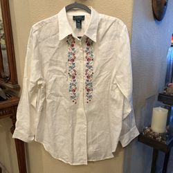 Vintage Lauren Ralph Lauren White White 100% Linen Floral Embroidery Shirt 1X