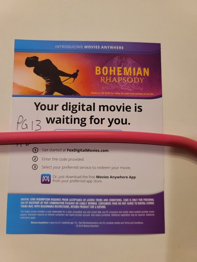$4 HD DIGITAL MOVIE CODE. BOHEMIAN RHAPSODY. $4 OR TRADE FOR A MOVIE TITLE I DO NOT ALREADY OWN.