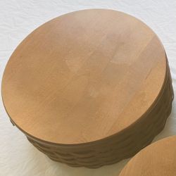 Longaberger 2007 Decorative Handmade 11” Round Keeping Basket w/ Longaberger Custom Made Wooden Lid, Plastic Basket Protector/Storage w/ Lid  - VGC