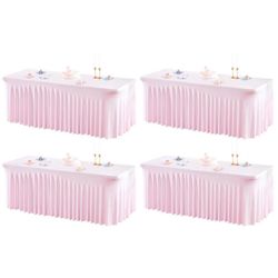 4 Packs Pink Table Clothes for 6 Foot Rectangle Tables, One-Piece Wrinkle Resistant Stretch Spandex Table Covers with Skirt for Event Banquet Wedding 