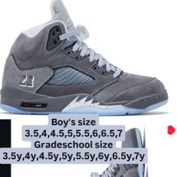 JORDAN 5 WOLF GREY BOY SIZES GRADESCHOOL SIZES 3.5,4,4.5,5,5.5,6,6.5,7 3.5Y,4Y,4.5Y,5Y,5.5Y,6Y,6.5Y,7Y
