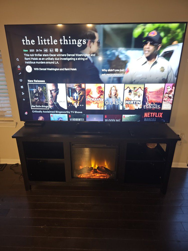 65" Samsung QLED Smart TV With Artificial Fireplace Heater Entertainment Stand