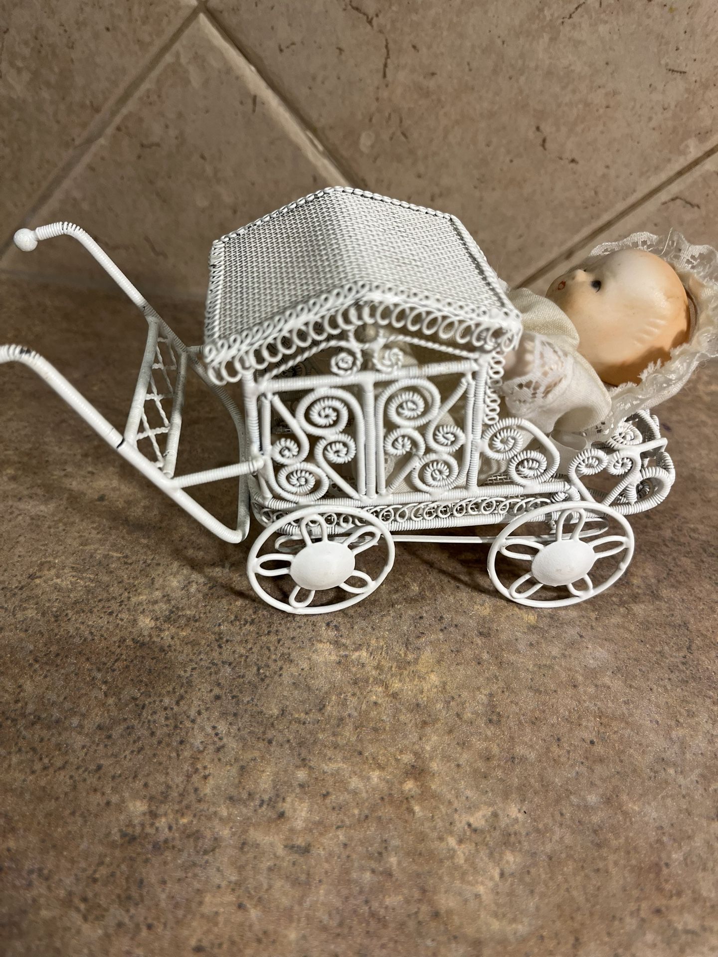 Vintage Very Old Porcelain Baby Doll in Metal Wicker Looking Buggy