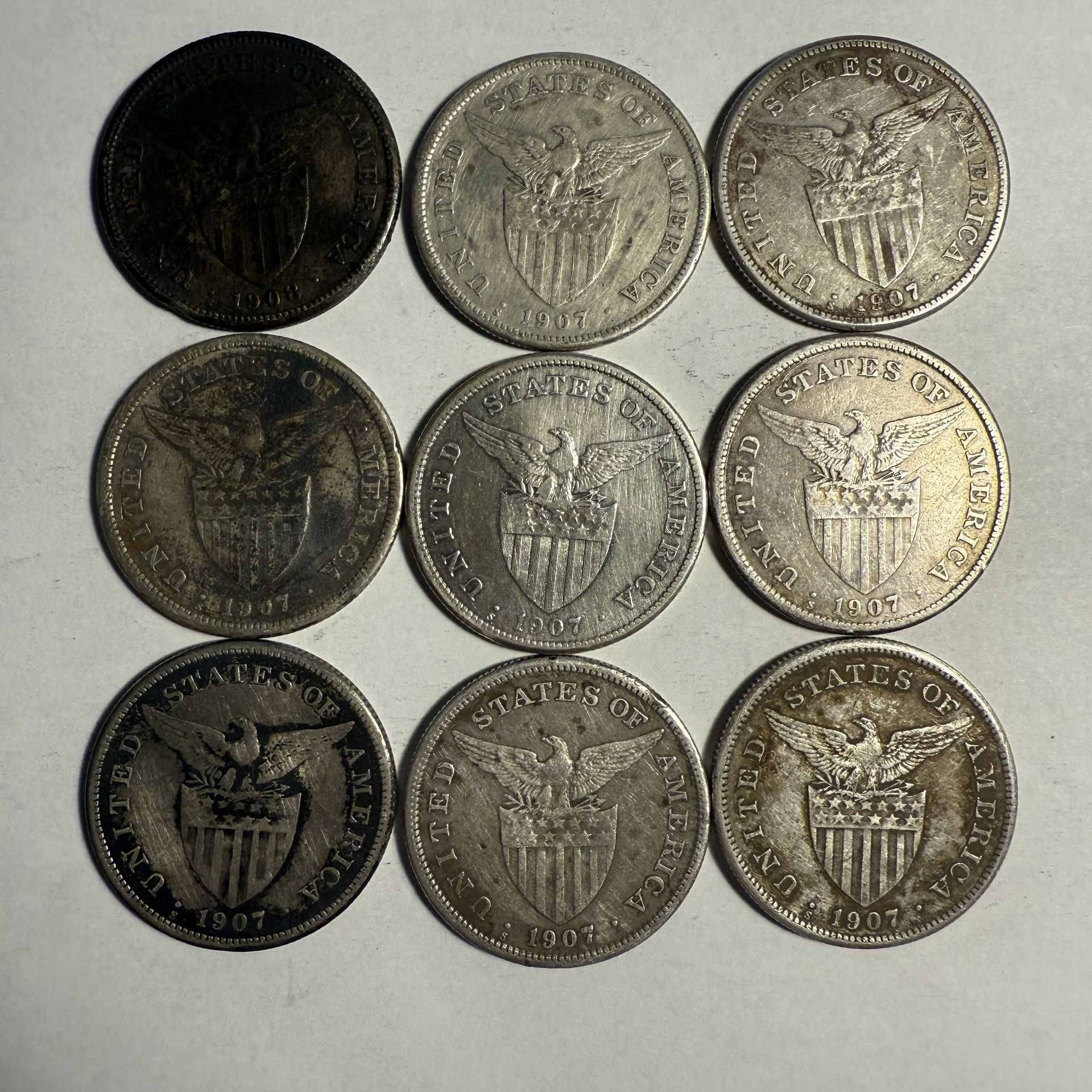 Lot Of 9 Early 1900’s Philippines Silver Pesos .800 Fine Silver At Spot Price! 