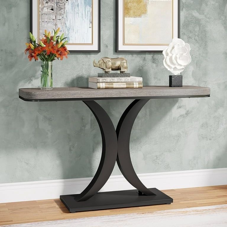 Industrial Console Tables, 40" Narrow sofa Entryway Tables with Geometric Base for Living Room, Hallway and Foyer,Gray and Black