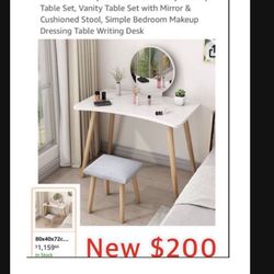 New Table Vanity Makeup Table Set, Vanity Table Set with light up Mirror & stool$200 obo