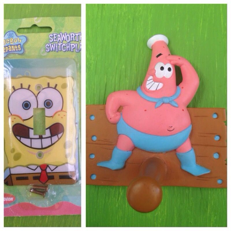SpongeBob light switch cover and Patrick Towel hanger