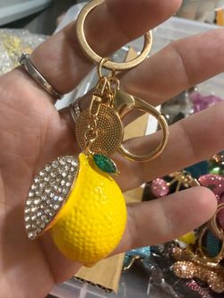 Lemon Rhinestone Keychain Gold Tone
