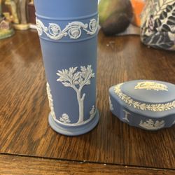 Blue Wedgewood, 6 Inch Vase And Small Jewelry Dish With A Lid