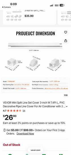 VEVOR Mini Split Line Set Cover 3-inch W 7.4Ft L, PVC Decorative Pipe Line Cover For Air Conditioner with 2...