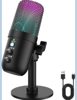 New-USB Microphone, Computer Condenser Mic with Noise Cancellation, Echo Mode, RGB Lighting, Mute Button, Plug & Play Gaming Mic for PC, Mac, PS5, Str