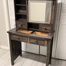 Rustic Farmhouse Vanity Desk w/Lighted Mirror & Storage