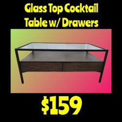 New Glass Top Cocktail Table w/ Drawers: Njft